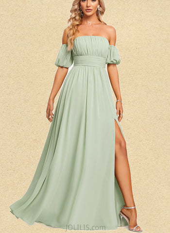 Chelsea A-line Off the Shoulder Straight Floor-Length Chiffon Bridesmaid Dress With Ruffle UKP0019562