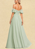 Chelsea A-line Off the Shoulder Straight Floor-Length Chiffon Bridesmaid Dress With Ruffle UKP0019562