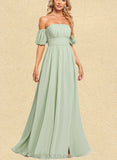 Chelsea A-line Off the Shoulder Straight Floor-Length Chiffon Bridesmaid Dress With Ruffle UKP0019562