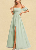 Chelsea A-line Off the Shoulder Straight Floor-Length Chiffon Bridesmaid Dress With Ruffle UKP0019562