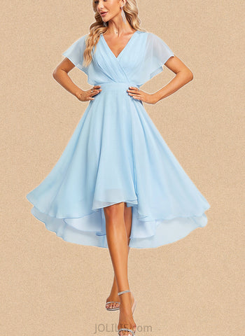 Charlize A-line V-Neck Asymmetrical Chiffon Bridesmaid Dress With Ruffle UKP0019569