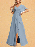 Piper A-line V-Neck Floor-Length Chiffon Bridesmaid Dress With Ruffle UKP0019570