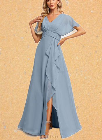 Piper A-line V-Neck Floor-Length Chiffon Bridesmaid Dress With Ruffle UKP0019570