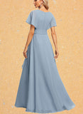 Piper A-line V-Neck Floor-Length Chiffon Bridesmaid Dress With Ruffle UKP0019570