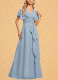 Piper A-line V-Neck Floor-Length Chiffon Bridesmaid Dress With Ruffle UKP0019570