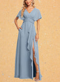 Piper A-line V-Neck Floor-Length Chiffon Bridesmaid Dress With Ruffle UKP0019570