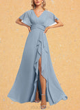 Piper A-line V-Neck Floor-Length Chiffon Bridesmaid Dress With Ruffle UKP0019570