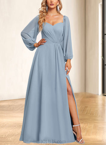 Skyla A-line V-Neck Floor-Length Chiffon Bridesmaid Dress With Ruffle UKP0019571