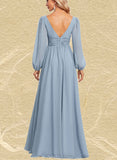 Ainsley A-line V-Neck Floor-Length Chiffon Bridesmaid Dress With Ruffle UKP0019572