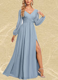 Ainsley A-line V-Neck Floor-Length Chiffon Bridesmaid Dress With Ruffle UKP0019572