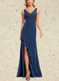 Asia A-line V-Neck Floor-Length Chiffon Bridesmaid Dress With Ruffle UKP0019573