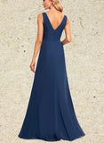 Asia A-line V-Neck Floor-Length Chiffon Bridesmaid Dress With Ruffle UKP0019573