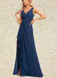 Asia A-line V-Neck Floor-Length Chiffon Bridesmaid Dress With Ruffle UKP0019573