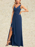 Asia A-line V-Neck Floor-Length Chiffon Bridesmaid Dress With Ruffle UKP0019573