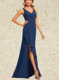 Asia A-line V-Neck Floor-Length Chiffon Bridesmaid Dress With Ruffle UKP0019573