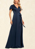 Kailey A-line V-Neck Floor-Length Silky Satin Bridesmaid Dress UKP0019575