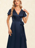 Kailey A-line V-Neck Floor-Length Silky Satin Bridesmaid Dress UKP0019575