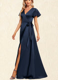 Kailey A-line V-Neck Floor-Length Silky Satin Bridesmaid Dress UKP0019575