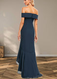 Lesley Trumpet/Mermaid Off the Shoulder Asymmetrical Chiffon Bridesmaid Dress With Ruffle UKP0019577