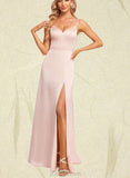 Ellie A-line V-Neck Floor-Length Silky Satin Bridesmaid Dress With Bow UKP0019579