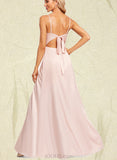 Ellie A-line V-Neck Floor-Length Silky Satin Bridesmaid Dress With Bow UKP0019579