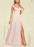 Ellie A-line V-Neck Floor-Length Silky Satin Bridesmaid Dress With Bow UKP0019579