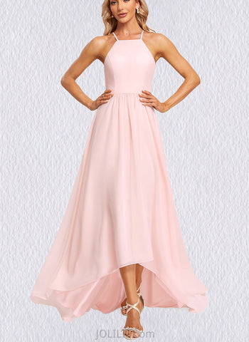 Kinsley A-line Halter Asymmetrical Chiffon Bridesmaid Dress With Ruffle UKP0019580