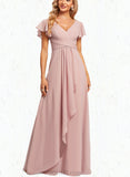 Phoebe A-line V-Neck Floor-Length Chiffon Bridesmaid Dress With Ruffle UKP0019582