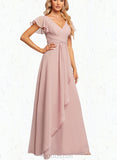 Phoebe A-line V-Neck Floor-Length Chiffon Bridesmaid Dress With Ruffle UKP0019582