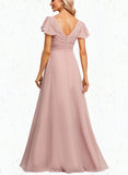 Phoebe A-line V-Neck Floor-Length Chiffon Bridesmaid Dress With Ruffle UKP0019582