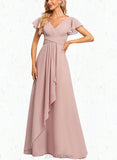 Phoebe A-line V-Neck Floor-Length Chiffon Bridesmaid Dress With Ruffle UKP0019582