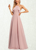 Norah A-line Halter Floor-Length Chiffon Bridesmaid Dress With Ruffle UKP0019583