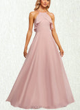 Norah A-line Halter Floor-Length Chiffon Bridesmaid Dress With Ruffle UKP0019583