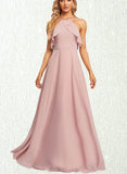 Norah A-line Halter Floor-Length Chiffon Bridesmaid Dress With Ruffle UKP0019583