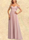 Allyson A-line Off the Shoulder V-Neck Floor-Length Chiffon Bridesmaid Dress With Ruffle UKP0019584