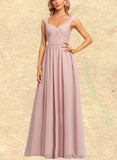 Allyson A-line Off the Shoulder V-Neck Floor-Length Chiffon Bridesmaid Dress With Ruffle UKP0019584