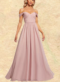 Allyson A-line Off the Shoulder V-Neck Floor-Length Chiffon Bridesmaid Dress With Ruffle UKP0019584