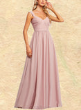 Allyson A-line Off the Shoulder V-Neck Floor-Length Chiffon Bridesmaid Dress With Ruffle UKP0019584