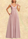 Allyson A-line Off the Shoulder V-Neck Floor-Length Chiffon Bridesmaid Dress With Ruffle UKP0019584