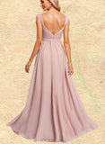 Allyson A-line Off the Shoulder V-Neck Floor-Length Chiffon Bridesmaid Dress With Ruffle UKP0019584