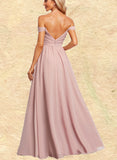 Allyson A-line Off the Shoulder V-Neck Floor-Length Chiffon Bridesmaid Dress With Ruffle UKP0019584