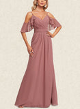 Gabrielle A-line V-Neck Floor-Length Chiffon Bridesmaid Dress With Ruffle UKP0019586