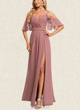 Gabrielle A-line V-Neck Floor-Length Chiffon Bridesmaid Dress With Ruffle UKP0019586