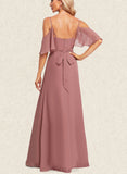 Gabrielle A-line V-Neck Floor-Length Chiffon Bridesmaid Dress With Ruffle UKP0019586