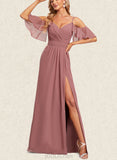 Gabrielle A-line V-Neck Floor-Length Chiffon Bridesmaid Dress With Ruffle UKP0019586