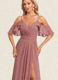 Gabrielle A-line V-Neck Floor-Length Chiffon Bridesmaid Dress With Ruffle UKP0019586