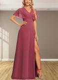 Hailey A-line V-Neck Floor-Length Chiffon Bridesmaid Dress With Ruffle UKP0019587