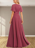 Hailey A-line V-Neck Floor-Length Chiffon Bridesmaid Dress With Ruffle UKP0019587