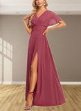 Hailey A-line V-Neck Floor-Length Chiffon Bridesmaid Dress With Ruffle UKP0019587