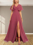 Hailey A-line V-Neck Floor-Length Chiffon Bridesmaid Dress With Ruffle UKP0019587